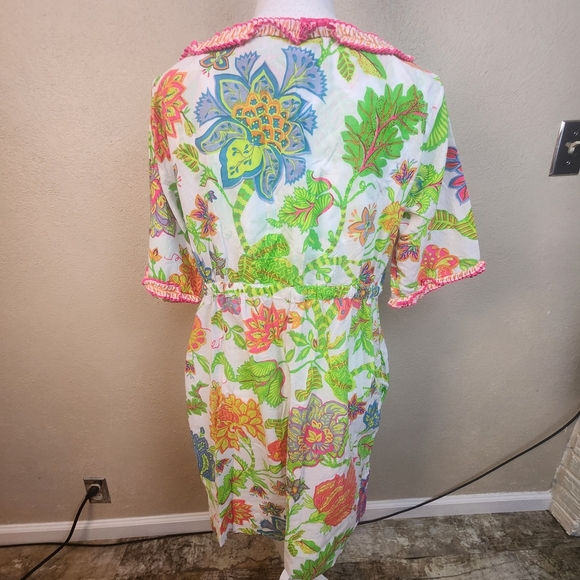 Gretchen Scott Colorful Floral V-Neck Dress Cover Up Ruffle Trim Medium (5819) - Picture 3 of 5